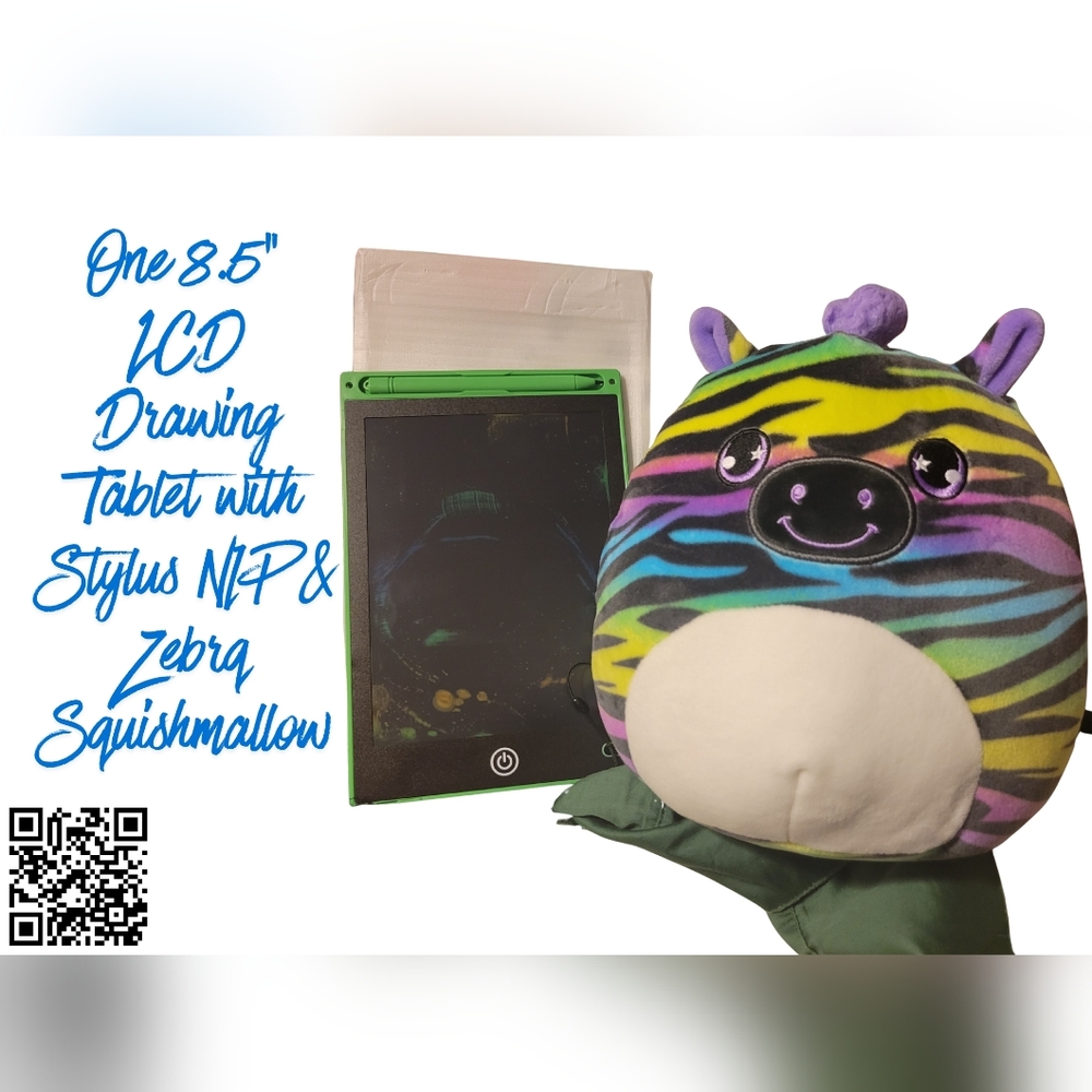 Rainbow Zebra Squishmallow with Green LCD Drawing Tablet & Stylus